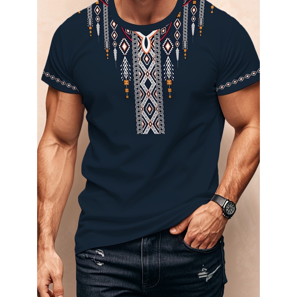 Camisa masculina de manga curta com estampa geométrica 3D azul marinho, tecido elegante e confortável de fibra de poliés