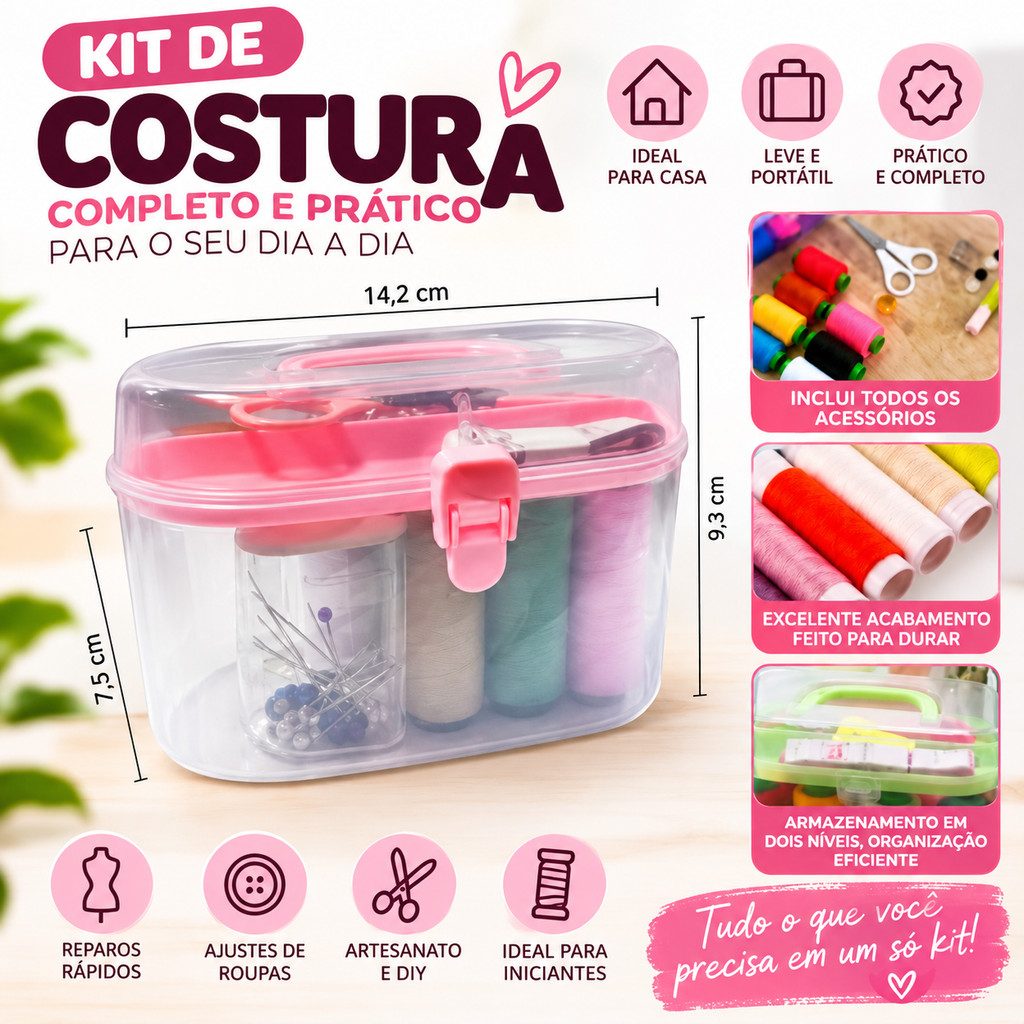 Kit de Costura Mini Maleta Portátil Agulhas Botão Tesoura 10 Linhas Alfinetes Fita Métrica