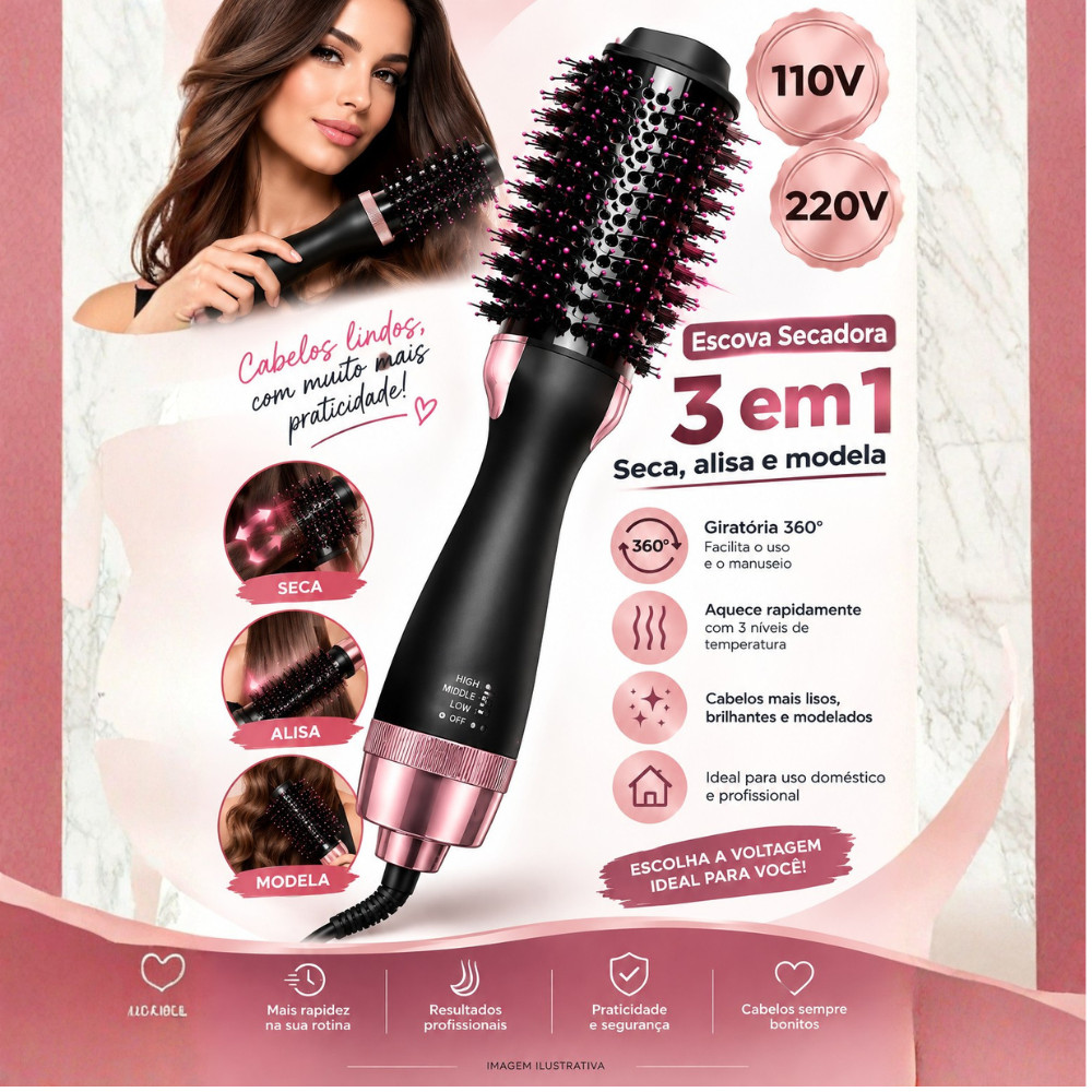 Escova Secadora 3 em 1 Giratória 360° Elétrica  Secador, Alisador e Modelador de Cabelos Feminino Hair Styler 110V  220V