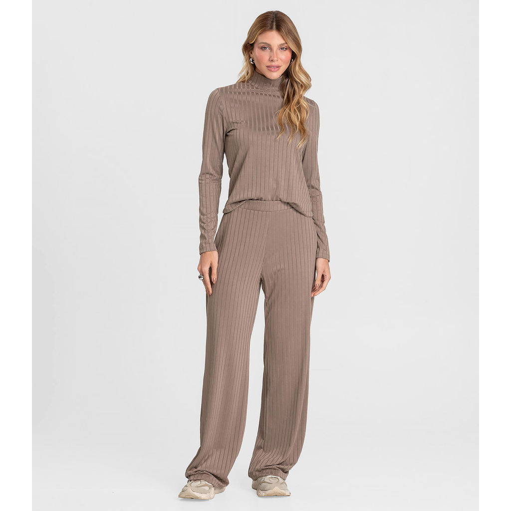 Conjunto Feminino Blusa E Calça Em Ribana Dianna Marrom