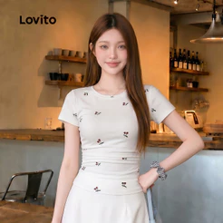 Lovito Casual Camiseta Feminina Branca com Pregas e Manga Curta Primavera/Verão L166AD404