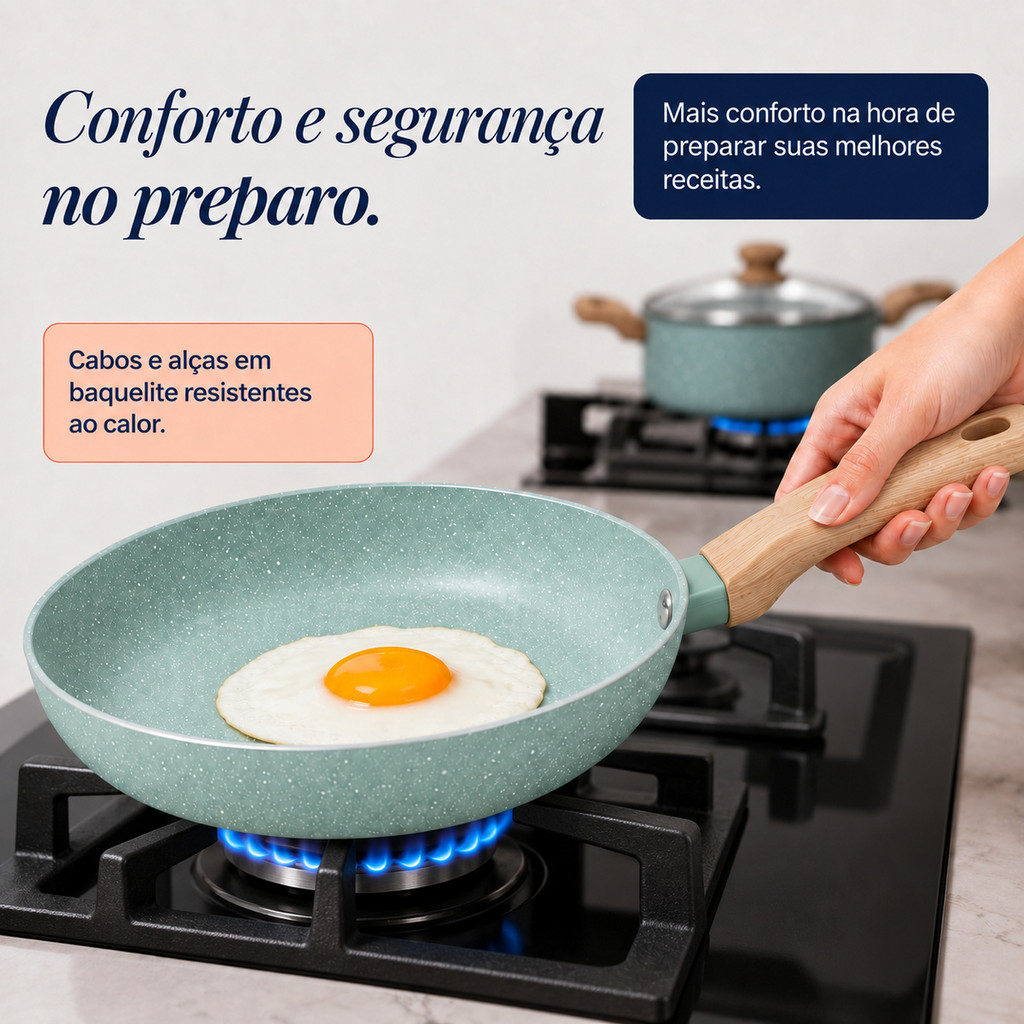 Conjunto 5 Panelas Antiaderente Revestimento Cerâmico Indução Caçarola Frigideira Tampa de Vidro Verde Mimo Style — imagem 2 de 2
