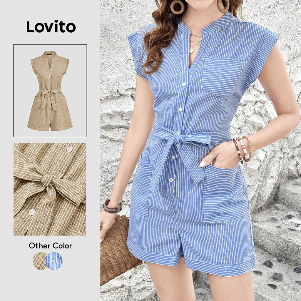 Lovito Listrado Elegante Macacão Estampado Com Cadarço E Bolso Com Laço Azul Para Primavera/verão Bordado L243AD658