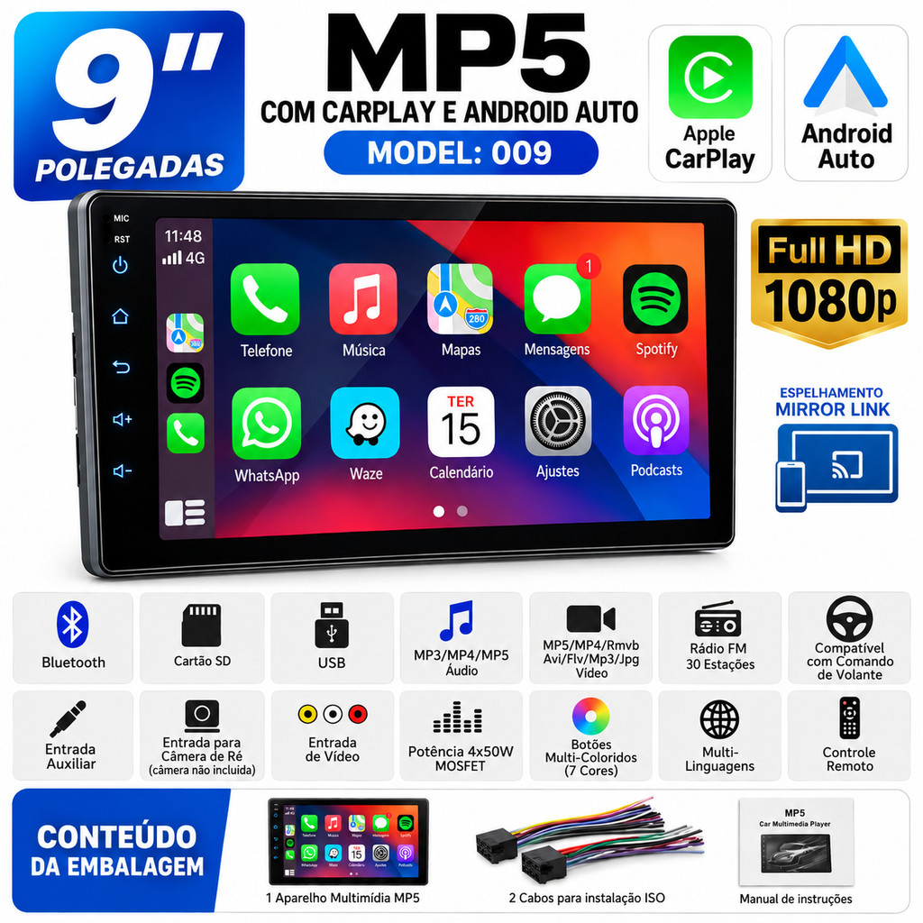 Central Multimídia MP5 9" Modelo 009 CarPlay Android Auto Bluetooth Mirror Link USB Rádio FM