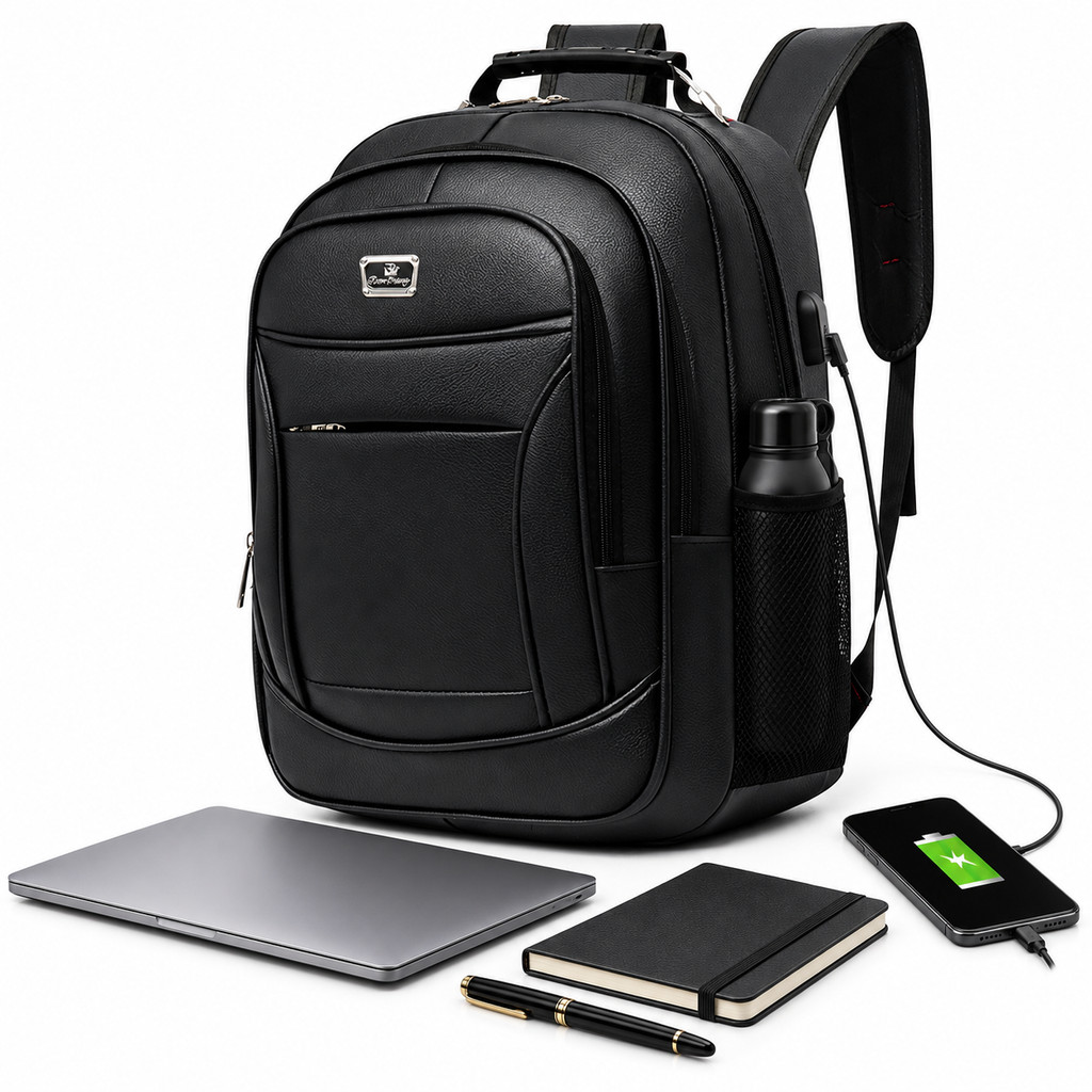 Mochila de Couro Executiva Impermeável Reforçada com Porta USB e Fone para Notebook Viagem e Trabalho