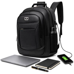 Mochila de Couro Executiva Impermeável Reforçada com Porta USB e Fone para Notebook Viagem e Trabalho