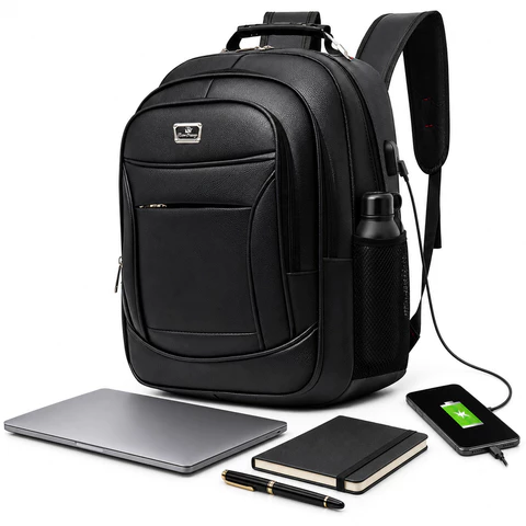 Mochila de Couro Executiva Impermeável Reforçada com Porta USB e Fone para Notebook Viagem e Trabalho