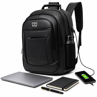 Mochila de couro executiva impermeável reforçada com porta USB e saída de fone