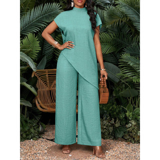 Conjunto casual de verão para mulher, com gola alta até a metade do pescoço, manga curta e pernas largas e retas PWYF