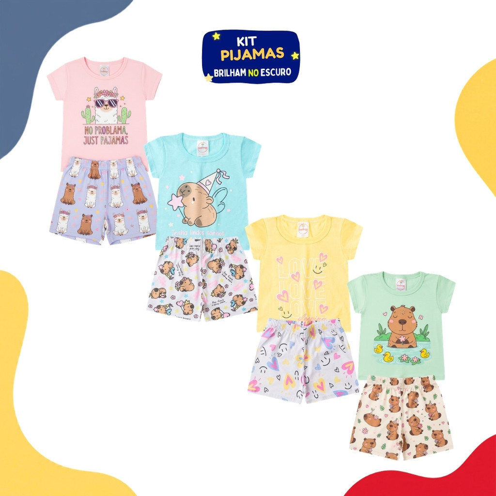 Kit 2 Peças Pijama Infantil Brilha no Escuro Feminino Algodão Manga Curta Verão