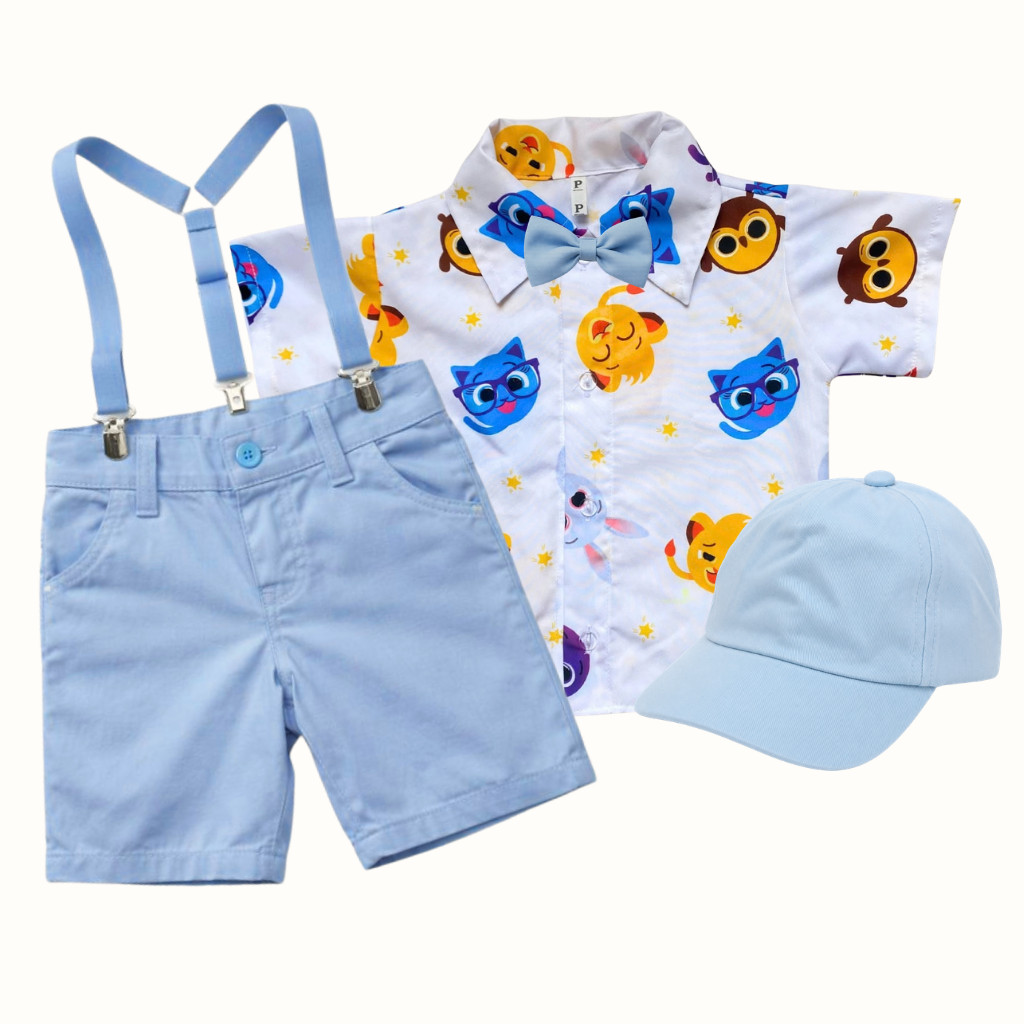 Conjunto com Boné Bolofofos Infantil Look Festa, Aniversário Roupa Temática Social Menino com Suspensório e Gravata