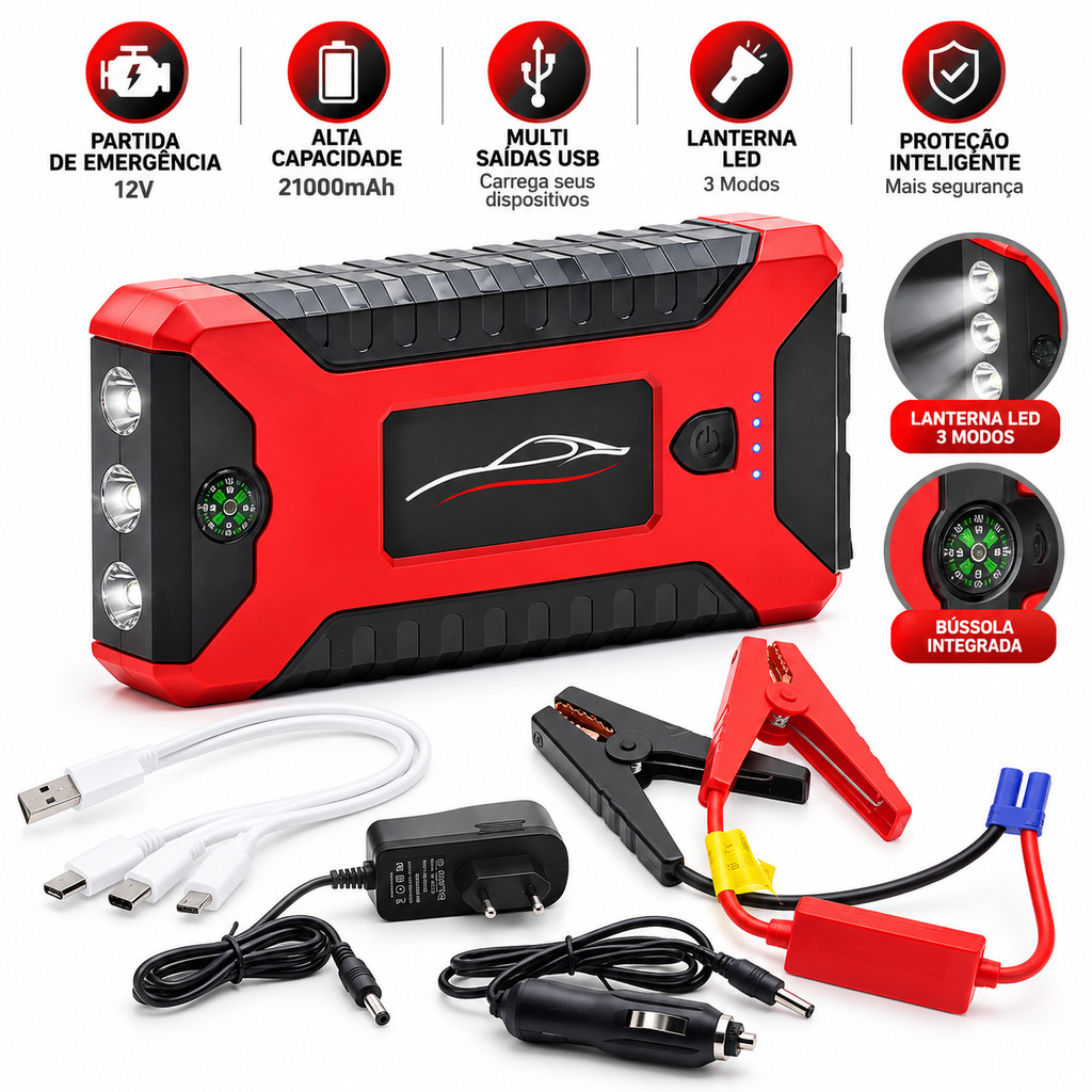 Auxiliar De Partida Portatil Carro Moto 12V Jump Starter Bateria