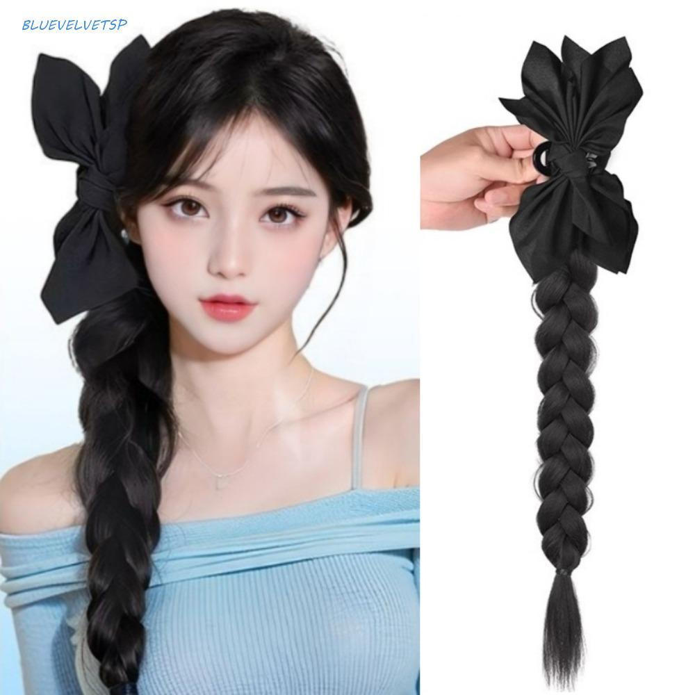 BLUEVELVETSP Peruca Estilo Chinês Com Laço , De Rabo De Cavalo Baixo Trançado De Boxe , Natural