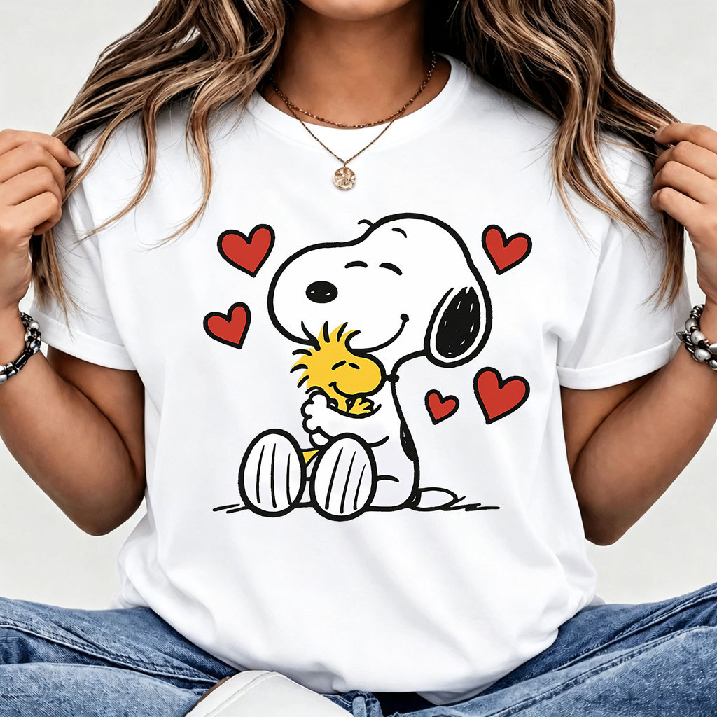 [Camiseta Premium em Algodão Puro]LA T-Shirt Feminino Curto Peanuts Snoopy E Woodstock, Estilo Adorável, Ideal para Dia 