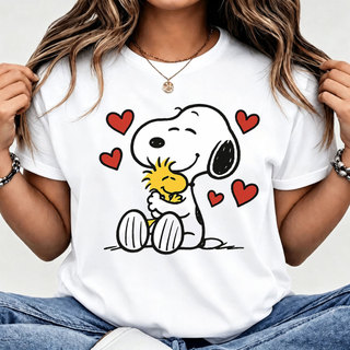 [Camiseta Premium em Algodão Puro]LA T-Shirt Feminino Curto Peanuts Snoopy E Woodstock, Estilo Adorável, Ideal para Dia 