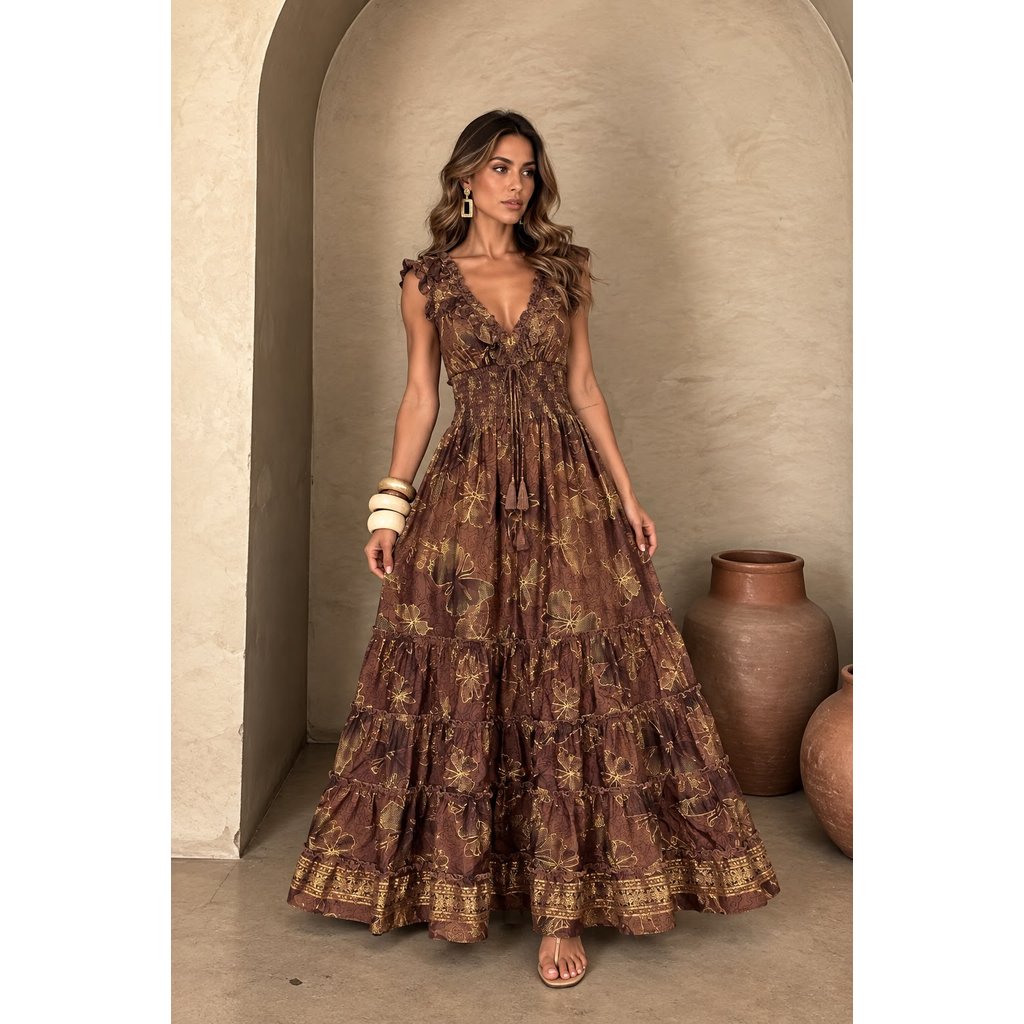 VESTIDO DE SEDA COM MANGA ESTAMPADO INDIANO, CIGANINHA, OMBRO A OMBRO