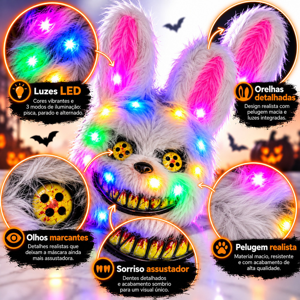 Máscara Led Neon Halloween Cosplay Fantasia Festa Carnaval Urso Coelho Assustadora Realista — imagem 2 de 2