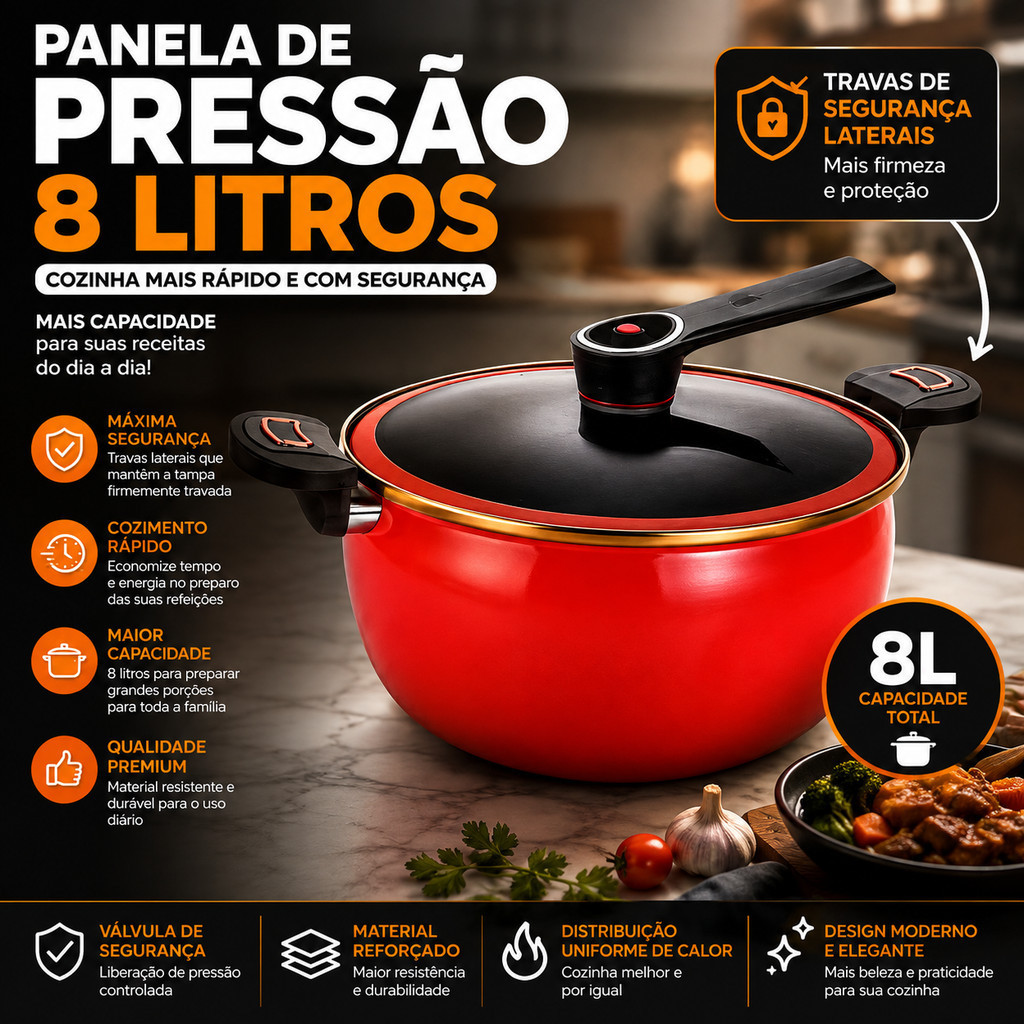 Panela de Pressão 8 Litros Grande com Trava de Segurança Cozimento Rápido Reforçada para Cozinha