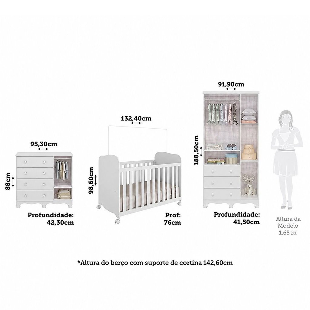 Quarto de Bebê Completo Berço Guarda Roupa 3 Portas e Cômoda 100% MDF Mimo Espresso Móveis Branco Branco Brilho · foto 2