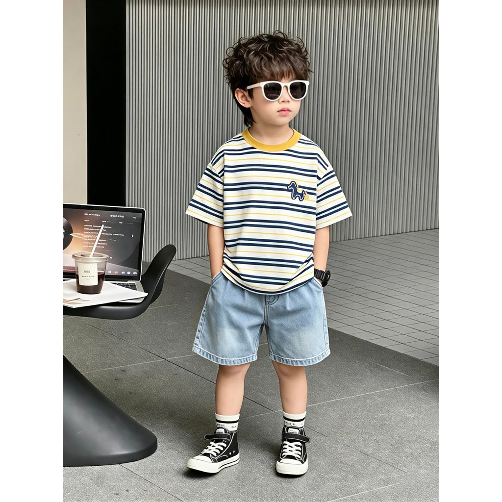 Meninos puro algodão de manga curta camiseta verão versão coreana médio grande crianças listrado bonito dos desenhos ani