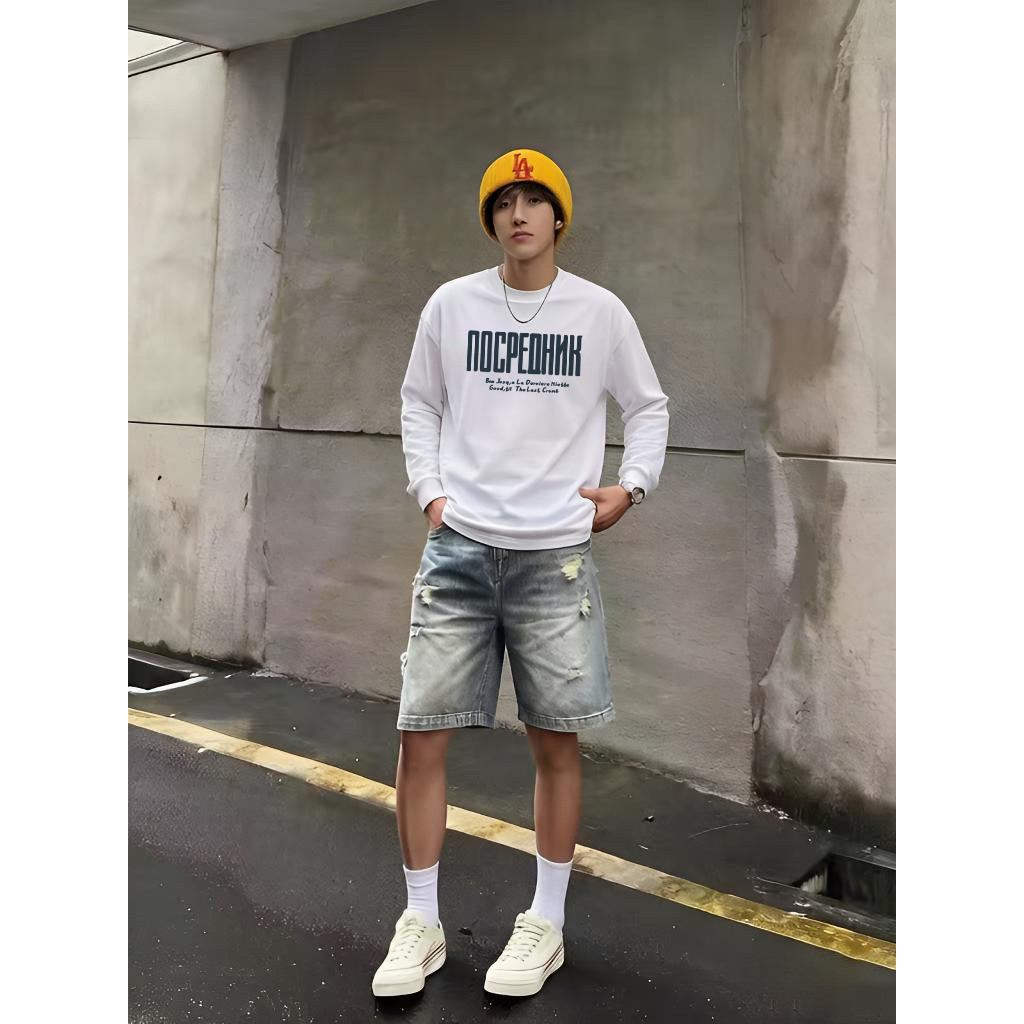 Americano High street Hip-Hop carta impressão vintage manga comprida camiseta masculina primavera outono rufião bonito p