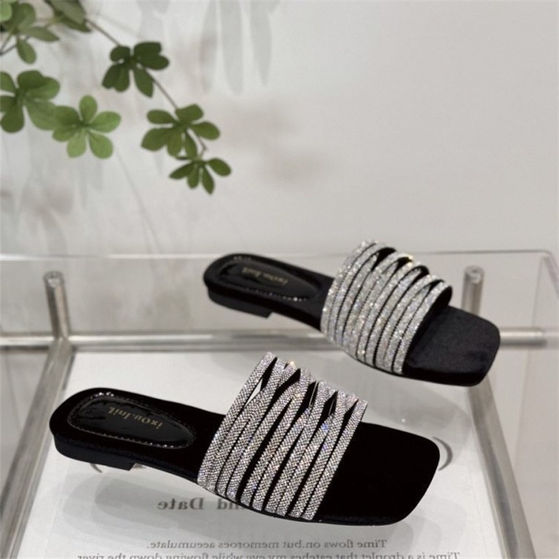 Sandálias planas chinelos exterior usar sapatos femininos verão novo estilo francês dedo do pé quadrado strass pequena f