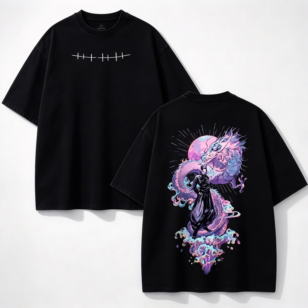 Camiseta Unissex Premium de Algodão Estilo Oversize Preto Com Estampa Dragão Anime Japonês Para Uso Casual Passeio E