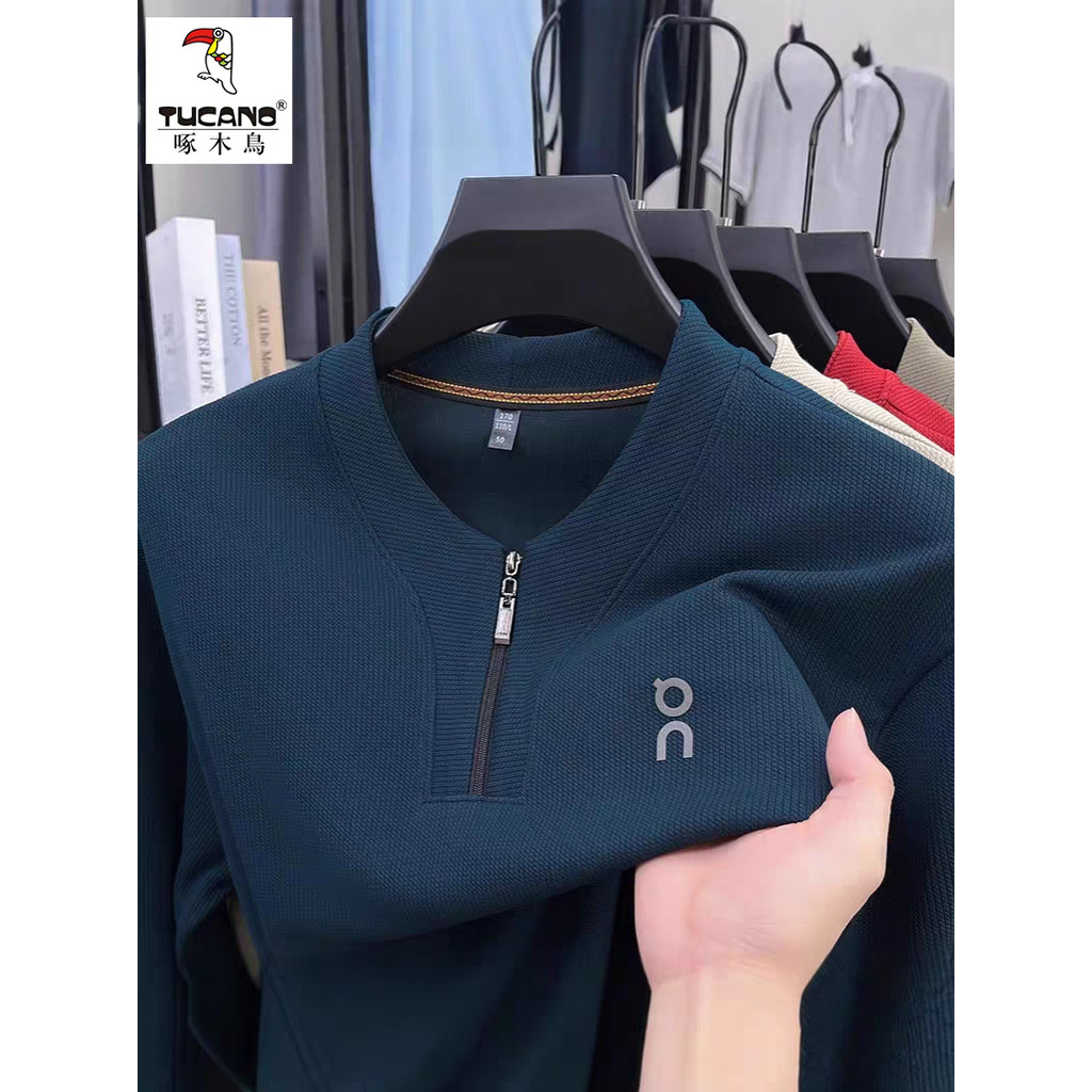 Woodpecker masculino de manga comprida camiseta primavera outono novo estilo meio zíper gola alta meio-A