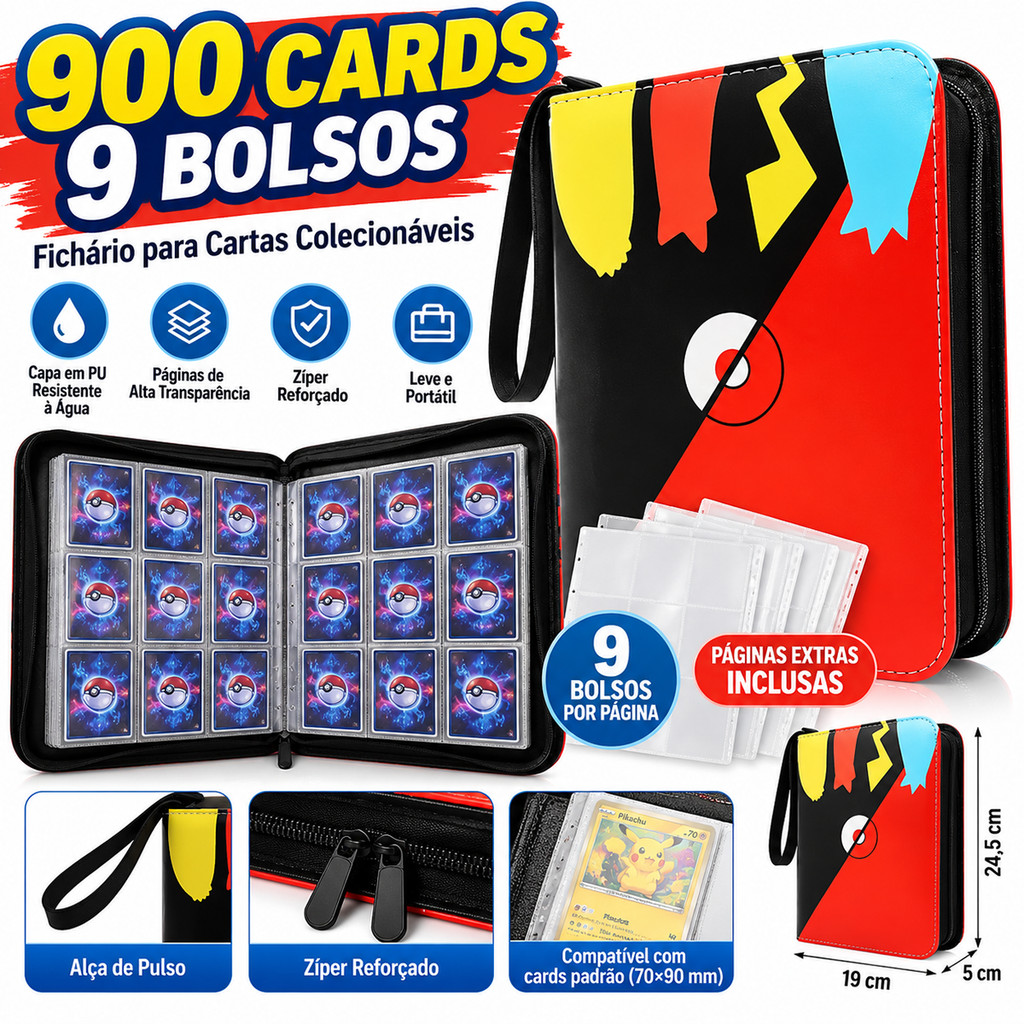 Albúm Fichário Pokémon com Zíper Para 400/900 Cards Capa Dura PU + Veludo + 4 Páginas Extras