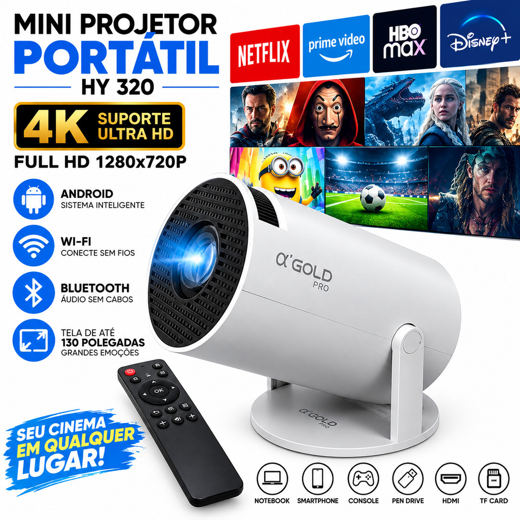 Mini Projetor Smart de Cinema Portátil, 4K, Android HY 320 Full HD 1280x720P Bluetooth Wi-fi