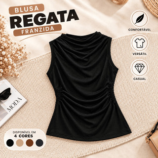 Blusa Feminina Regata Drapeada Assimétrica Plissada Básica Casual