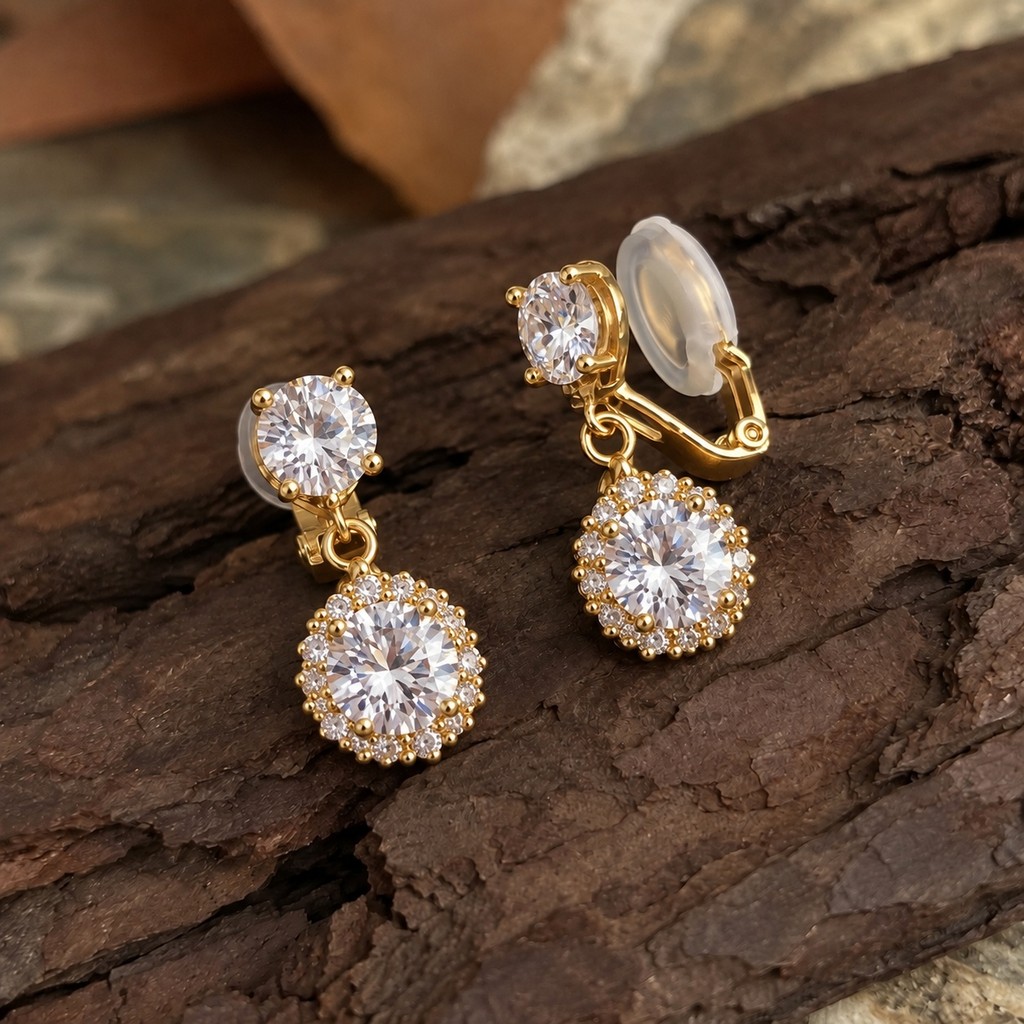 Brinco de Pressão Feminino Gota Zircônia Aço Inoxidável Banhado a Ouro leve e confortável Sem Furo Elegante