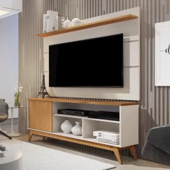 Rack com Painel Retrô para TV até 60 Polegadas MDF 136cmx133cm Pés em Madeira Maciça Malbec Wood Bege Off