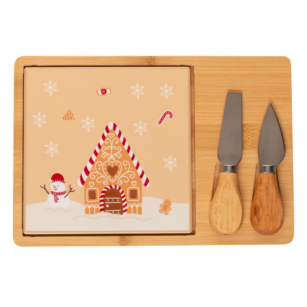 Conjunto 4 Peças para Queijo Encanto de Natal Lyor com Bandeja Tábua Faca e Espátula para Servir Petiscos em Celebrações
