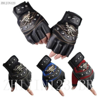    1 Par de Luvas Sem Dedos de PU com Capuz de Caveira Rebite Unissex Moda Hip Hop Mulheres Academia Punk Meio Dedo Pira