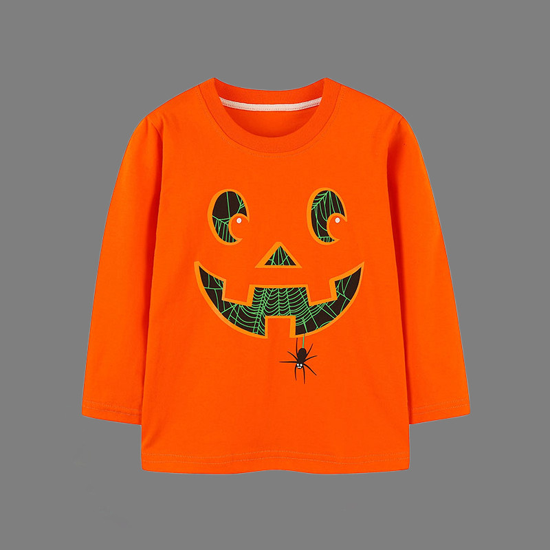 Halloween meninos meninas luminosa manga comprida camiseta dos desenhos animados abóbora algodão macio Casual crianças p