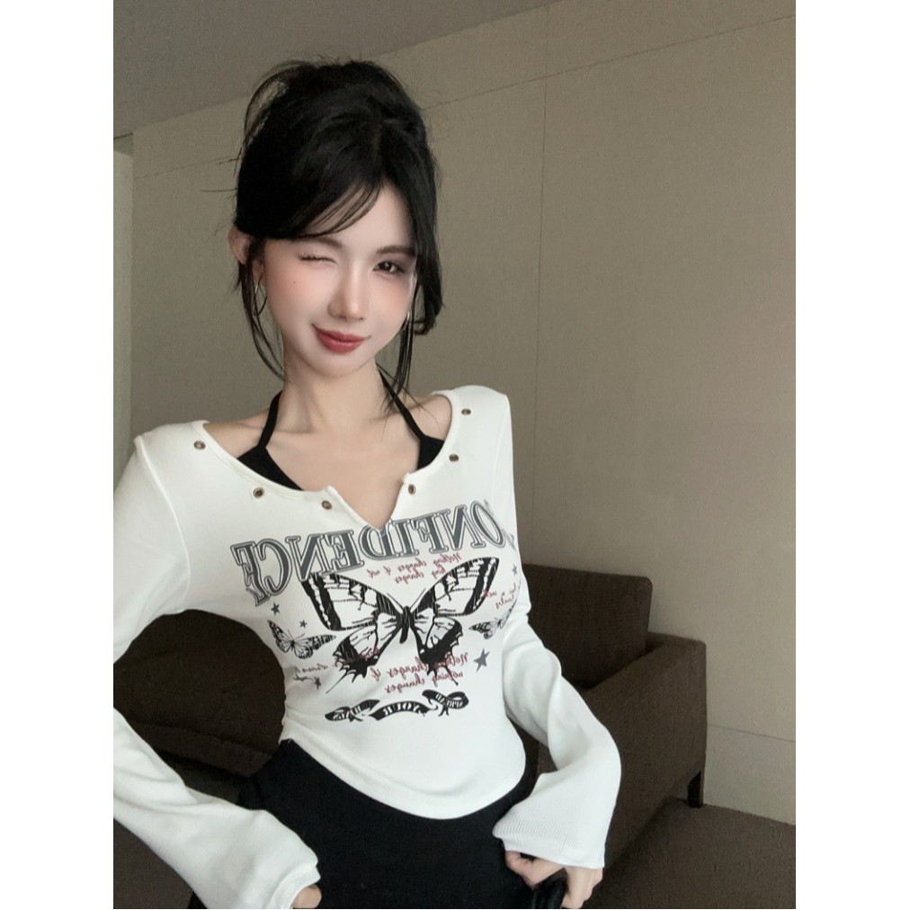 Americano quente menina borboleta impressão Halterneck manga comprida camiseta feminina primavera outono novo estilo fal