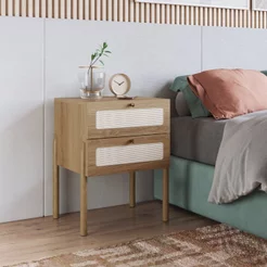 Mesa de Cabeceira 2 Gavetas Palhinha Pé Madeira Oslo Marrom Hanover Telado