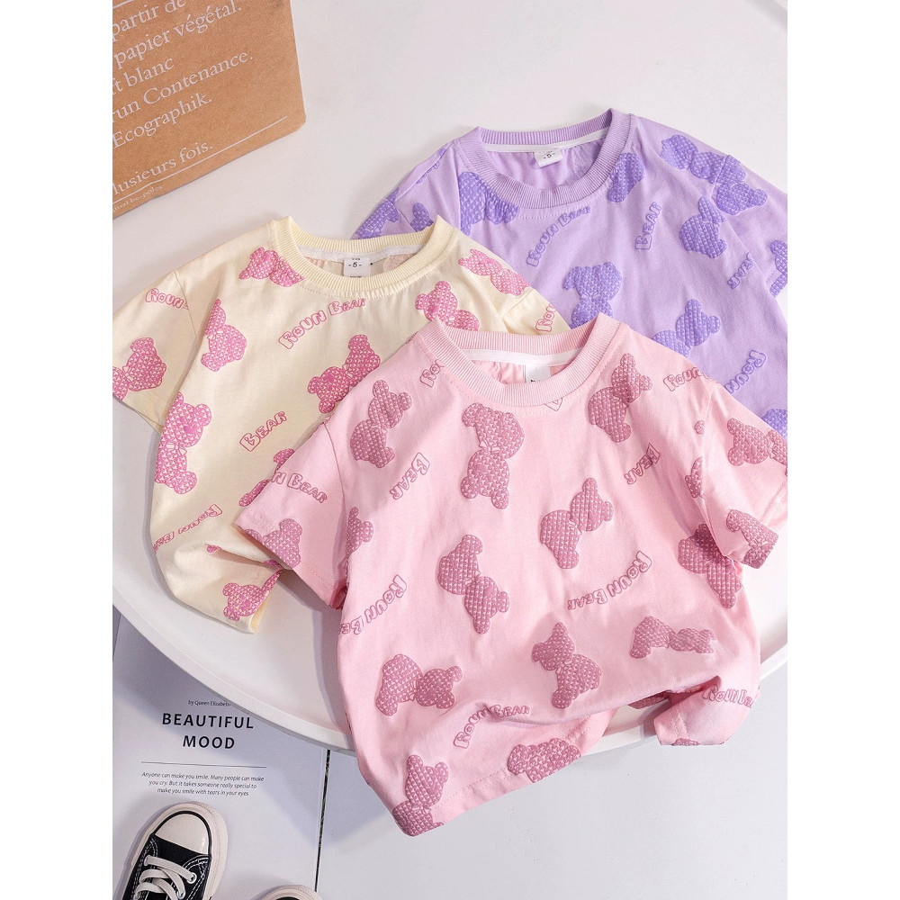 Meninas roupas de verão 2026 camiseta novo estilo versão coreana crianças moda verão bebê topos urso impressão manga cur
