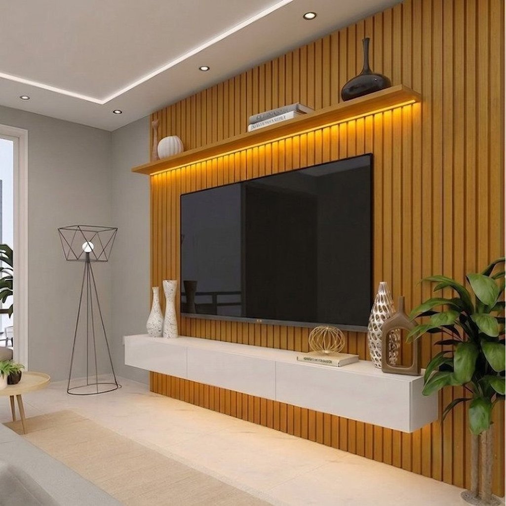 Rack com Painel para TV até 90 Polegadas Ripado com LED e 3 Gavetas 100% MDF 250CMX280CM Marrom Naturale/Off White