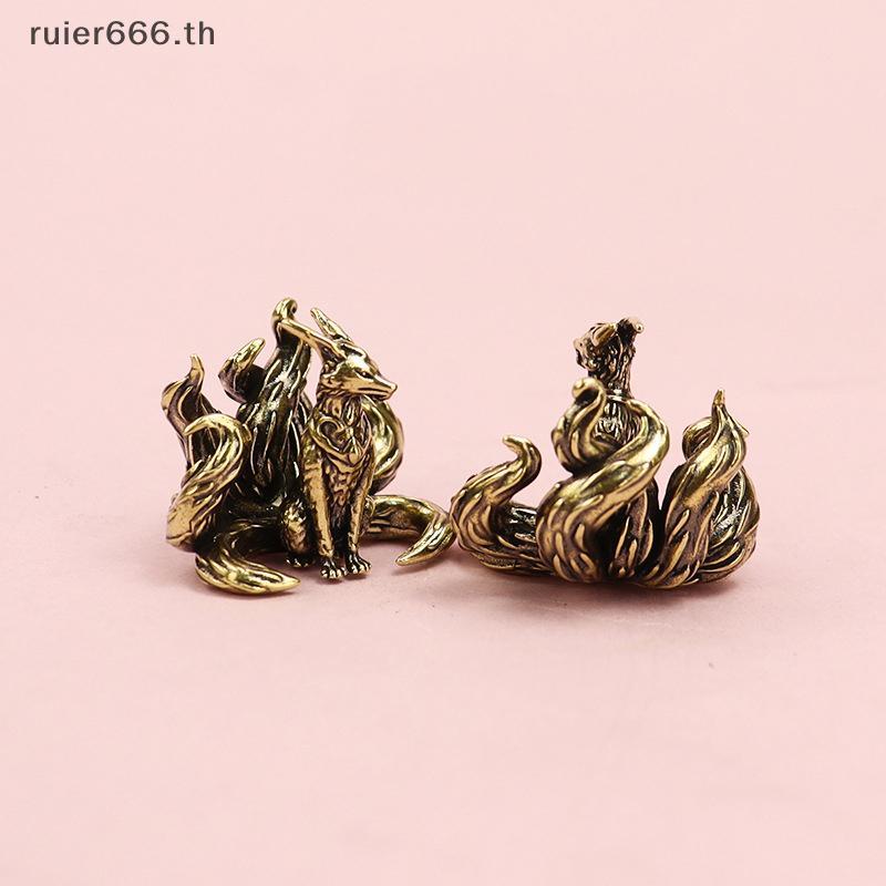 ruier Miniatura Antigo Latão Luy Nove Caudas Raposa Estatuetas Feng Shui Ornamento Cobre Animal Mini Escritório Desktop 