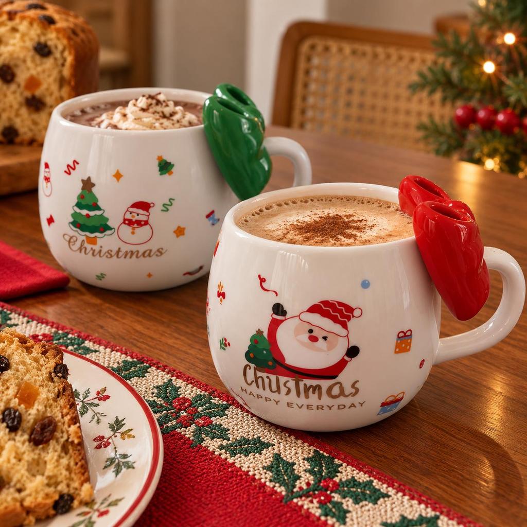 Caneca Natalina 430ml Cerâmica com Alça de Laço e Caixa Presente de Natal Café Chá