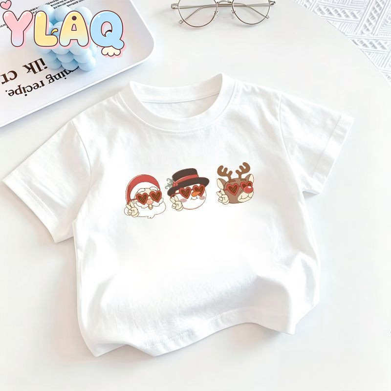 Natal Santa Boneco De Neve Rena Impressão Crianças Camiseta Meninos Meninas Casual Manga Curta Tripulação Pescoço Topo
