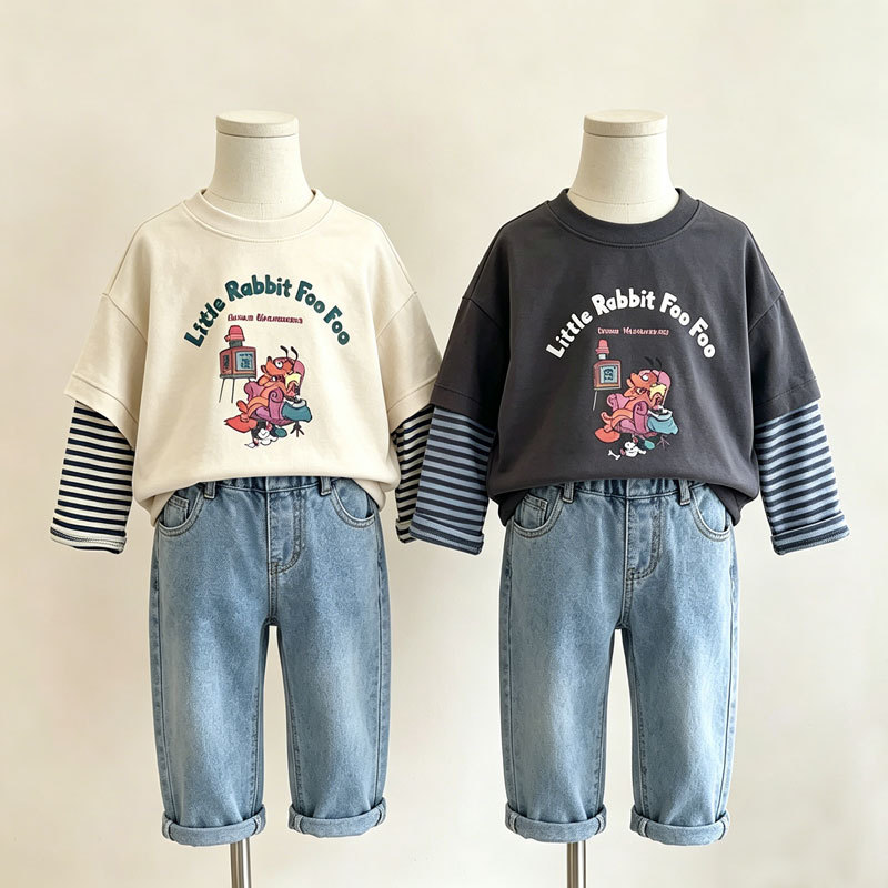 Algodão puro meninos puro algodão manga comprida camiseta primavera outono novo estilo médio crianças pequenas versão co