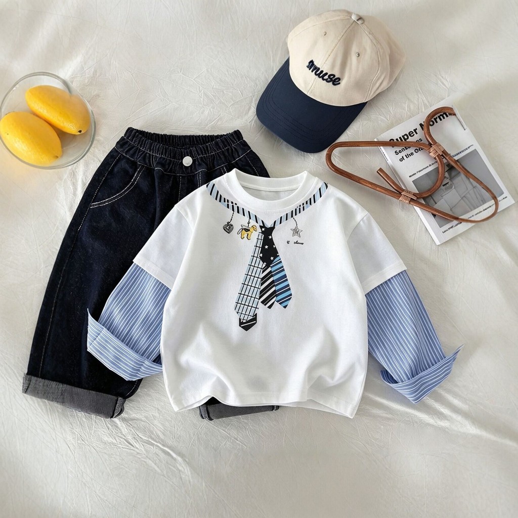 Meninos puro algodão camiseta primavera outono estilo médio pequenas crianças bebê manga comprida camisa de fundo crianç