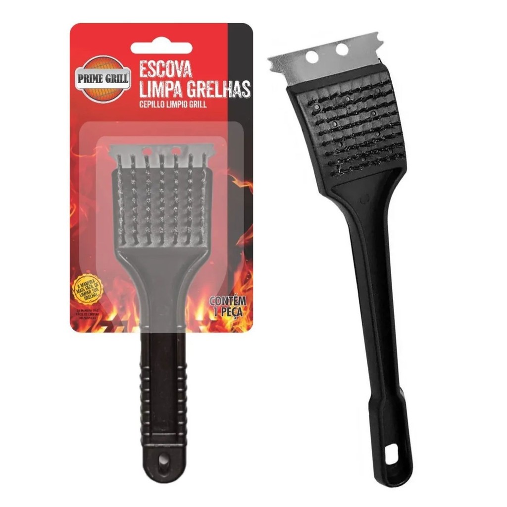 Escova Limpa Grelha Churrasqueira Cerdas Aço Prime Grill