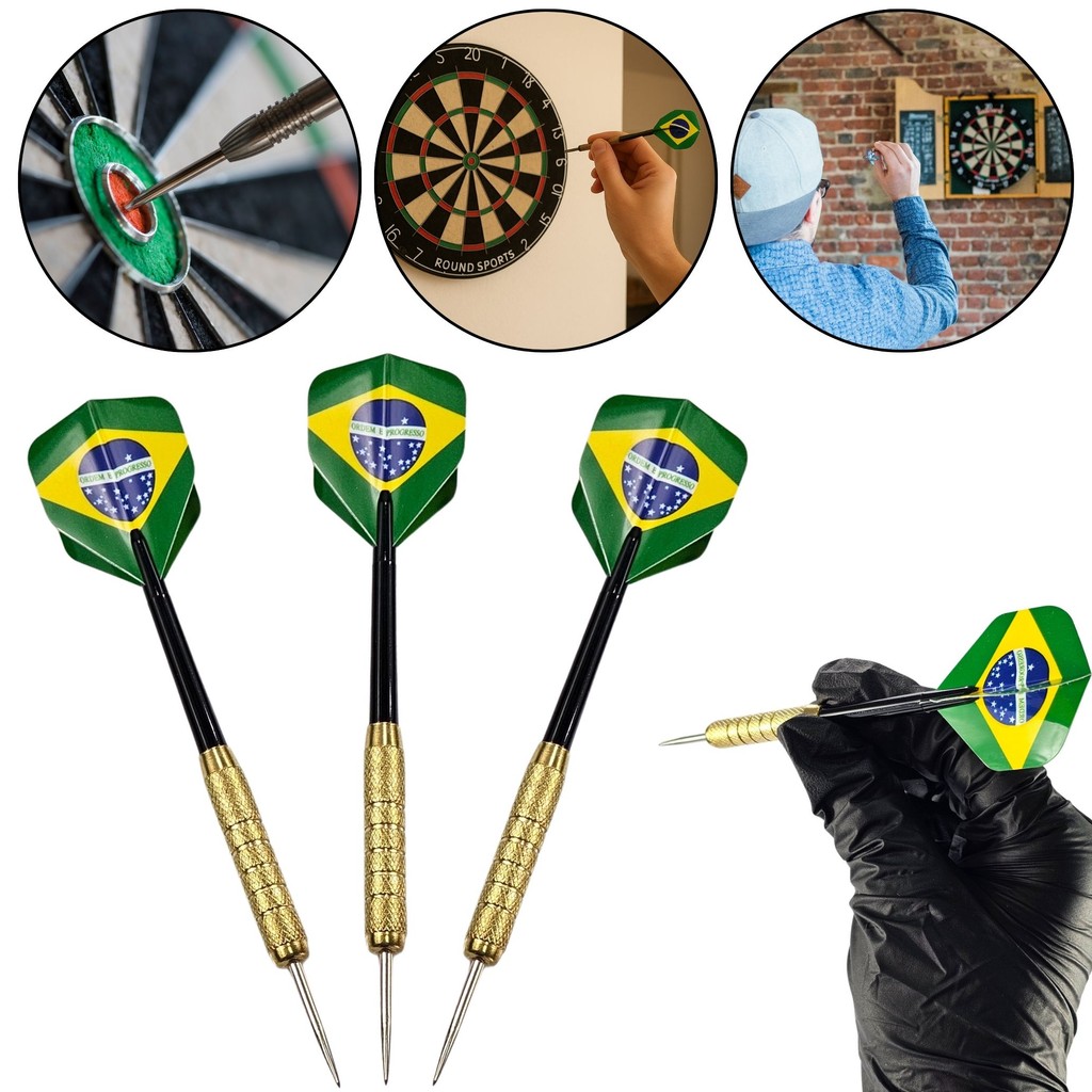 Kit com 3 Dardos Países Brasil, EUA, UK Profissionais Ponta de Aço Inox - Tiro ao Alvo em Oferta na Shopee