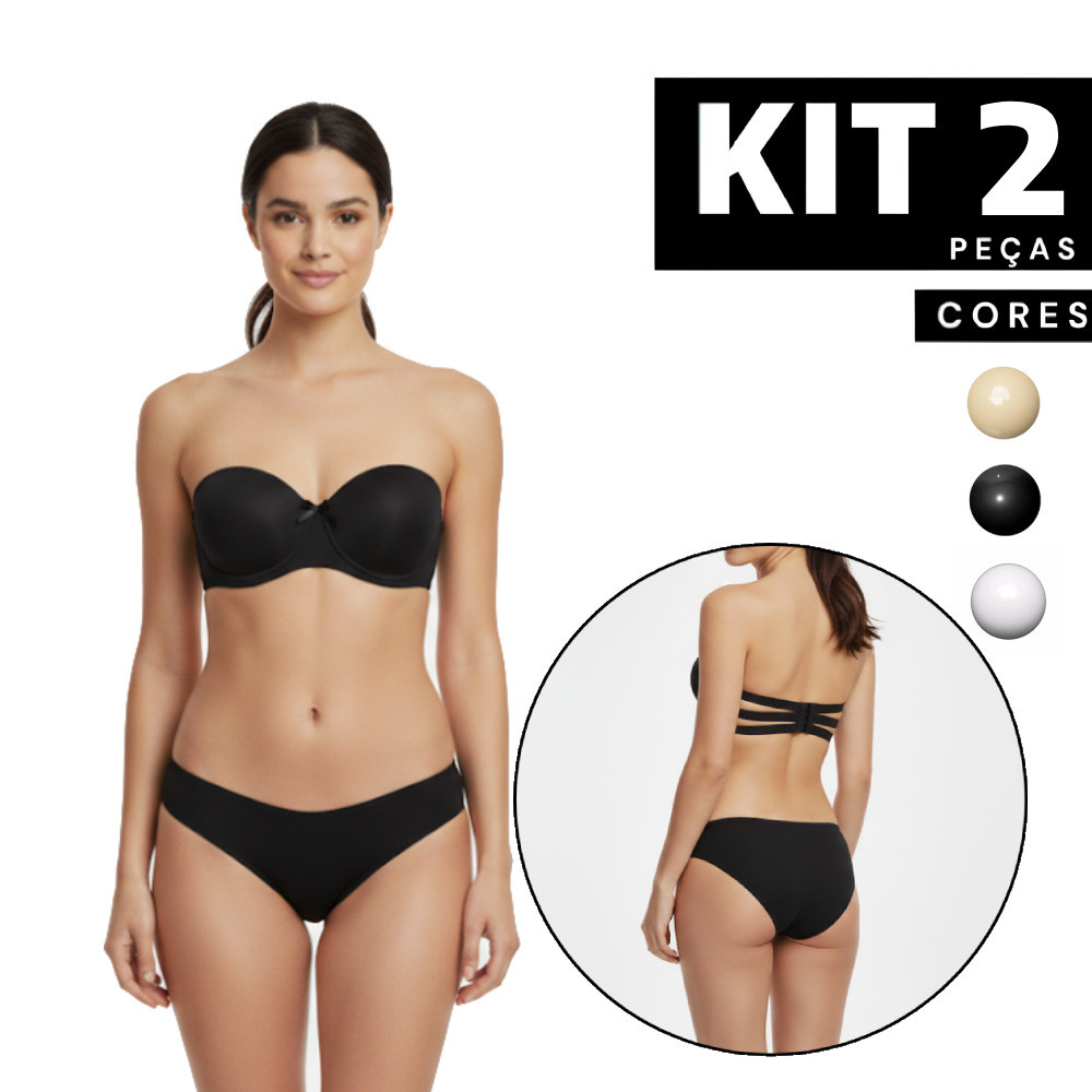 Kit 2 ou 1 Conjunto Sutiã Tomara que caia com Bojo e Aro + Calcinha Costa Nua Confortável
