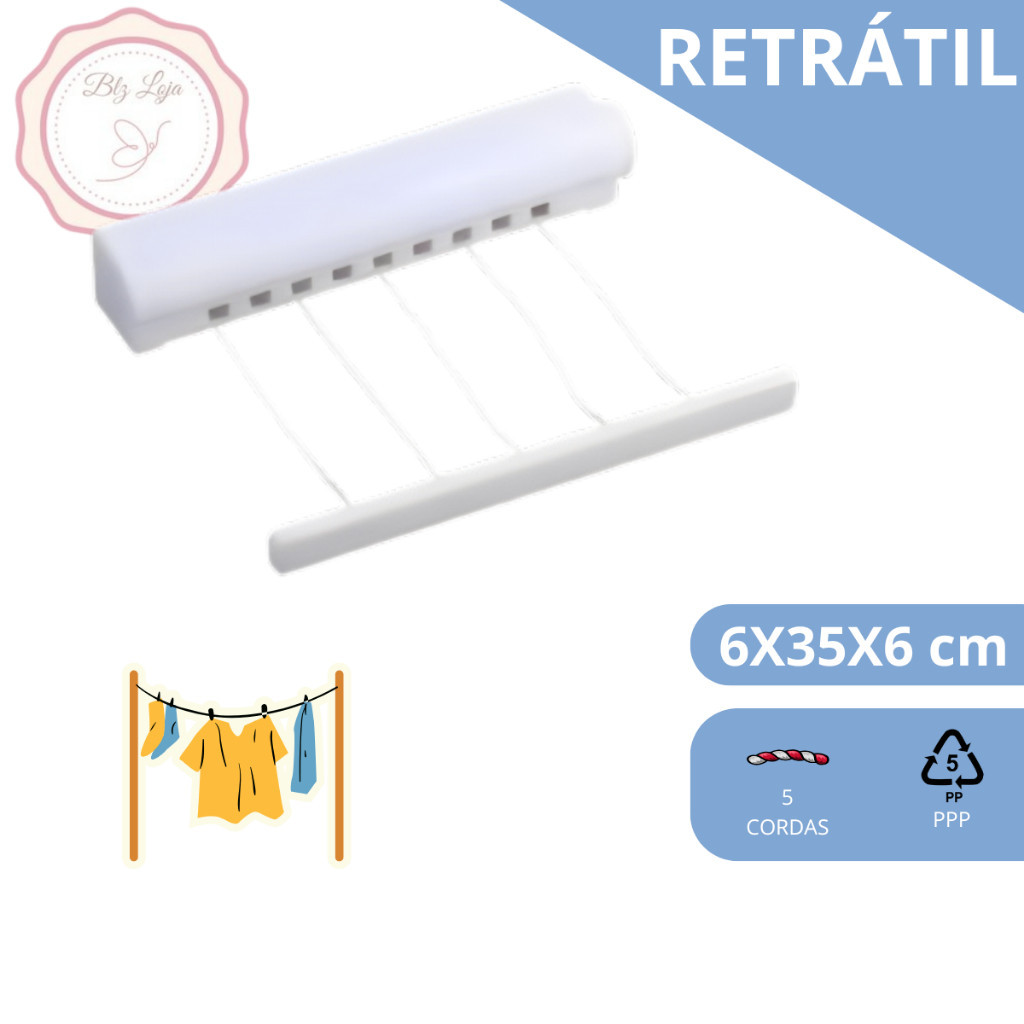 Varal Retratil Recolhível Roupas Toalhas Casa Decoração Resistente Reforçado 3 Metros