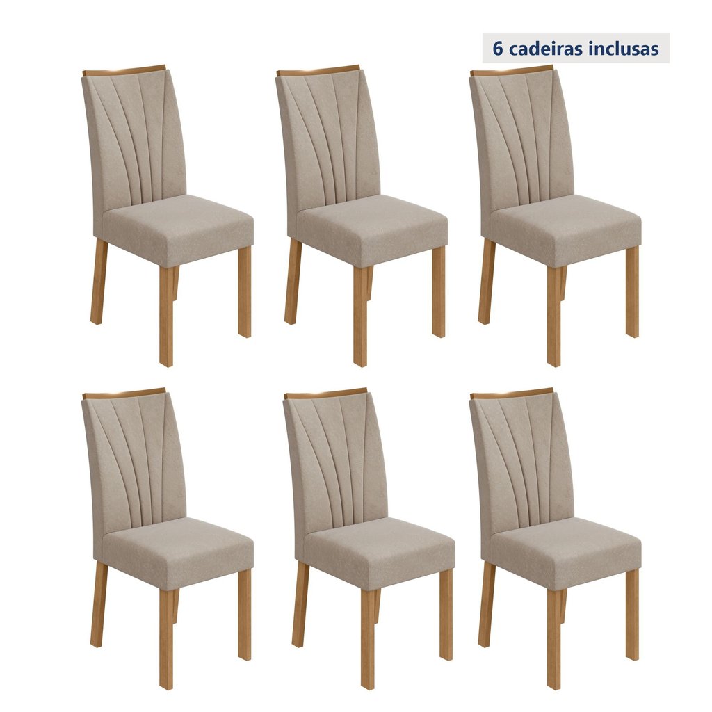 Kit com 6 Cadeiras para Sala de Jantar Estofadas Apogeu Amêndoa Clean/Veludo Naturale Creme em Oferta na Shopee